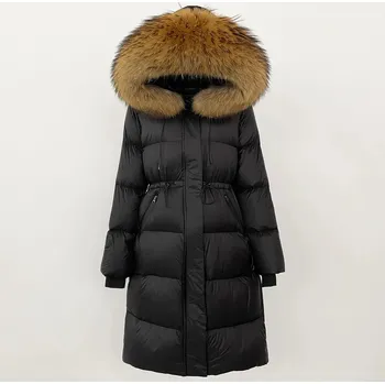 Dámský kožich dlouhý péřový kabát s pravou kožešinou na kapuci - Černý L Barva: Černá, Velikost: L