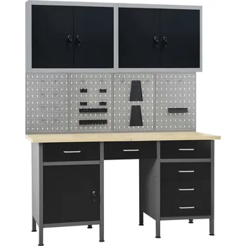 Dílenský stůl Pracovní stůl se čtyřmi nástěnnými panely a dvěma skříňkami Černý3053434