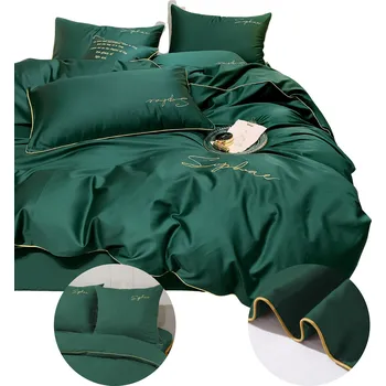 Povlečení Povlečení 160x200 lahvově zeleň se zlatou výšivkou a saténovým lemem