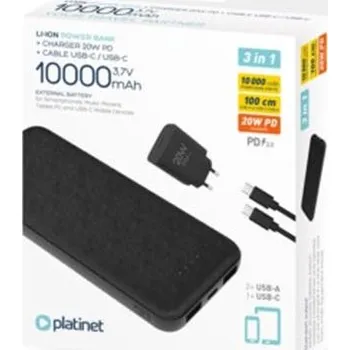 Powerbanka PLATINET POWER BANK 10000 mAh + PD CHARGER 20W + USB-C kabel černá PMPB10SETB