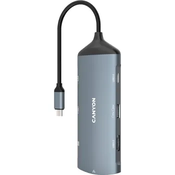 CANYON replikátor portů DS-15 8v1, 1xUSB-C PD 100W, 1xHDMI (4K), VGA, 2xUSB-A 3.0, 1xUSB-A 2.0 RJ45 Gb, 3.5mm jack, SD/