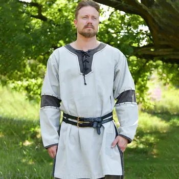 Karnevalový kostým Battle Merchant Vikingská tunika Sigval – šedá, plátno, obnošený vzhled