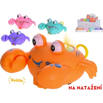 Dřevěná hračka Krab 10 cm na baterie jezdící na natažení se světlem - mix barev (fialová, tyrkysová, růžová, oranžová)