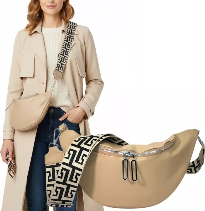 Velká crossbody ledvinka TRM02 (Dámská prostorná crossbody ledvinka přes rameno - stříbrné kování, béžová barva)