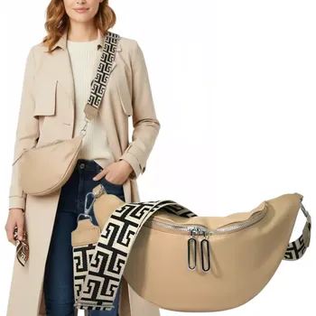 Kabelka Velká crossbody ledvinka TRM02 (Dámská prostorná crossbody ledvinka přes rameno - stříbrné kování, béžová barva)