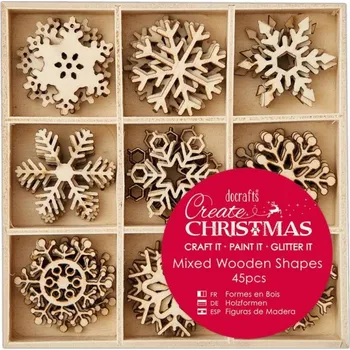 Vánoční dekorace Docrafts Vločky - mix malých dřevěných dekorací (45ks)