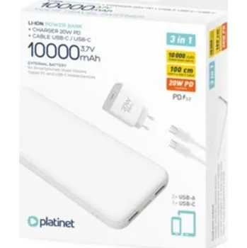 Powerbanka PLATINET POWER BANK 10000 mAh + PD CHARGER 20W + USB-C kabel bílá PMPB10SETW
