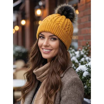 Čepice Dámská čepice IWA s bambulí z pravé kožešiny hořčicová, VELIKOST UNI