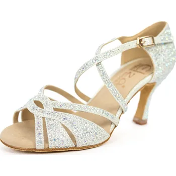 Dámské lodičky Dámské taneční boty Elza - 919 bílý brokát 7,5 cm Flare Velikost: 40