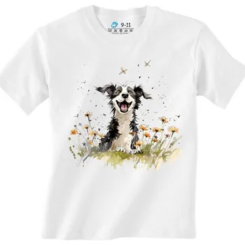 Dívčí tričko Dětské tričko Šťastná Border kolie na Louce (Barva: Bílá)