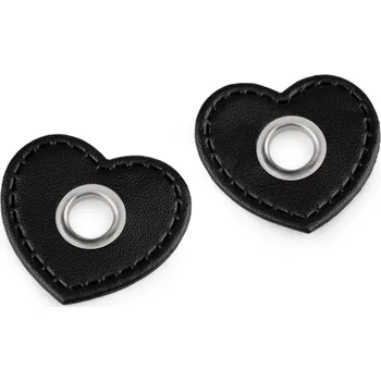 Průchodka s koženkovým srdcem k našití, průvlek 8 mm, velké, 2 černá nikl