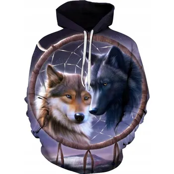 Pánská mikina Pánská mikina s kapucí VLK, Motiv Dva Vlci 3D Potisk - XL