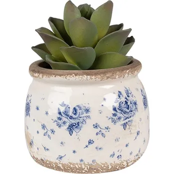 Obal na květináč Béžový keramický obal na květináč s modrými růžemi Blue Rose S - Ø 12*10 cm