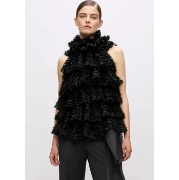 HALENKA KARL LAGERFELD KARL STUDIO RUFFLE MESH TOP BLACK