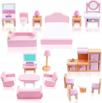 Doplněk pro panenku DŘEVĚNÝ NÁBYTEK SADA 22 KUSŮ DŘEVĚNÉHO NÁBYTKU DO DOMEČKU PRO PANENKY