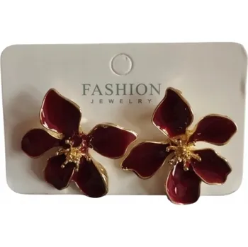 Náušnice Módní květinové náušnice v burgundské barvě. Zlaté lemování.