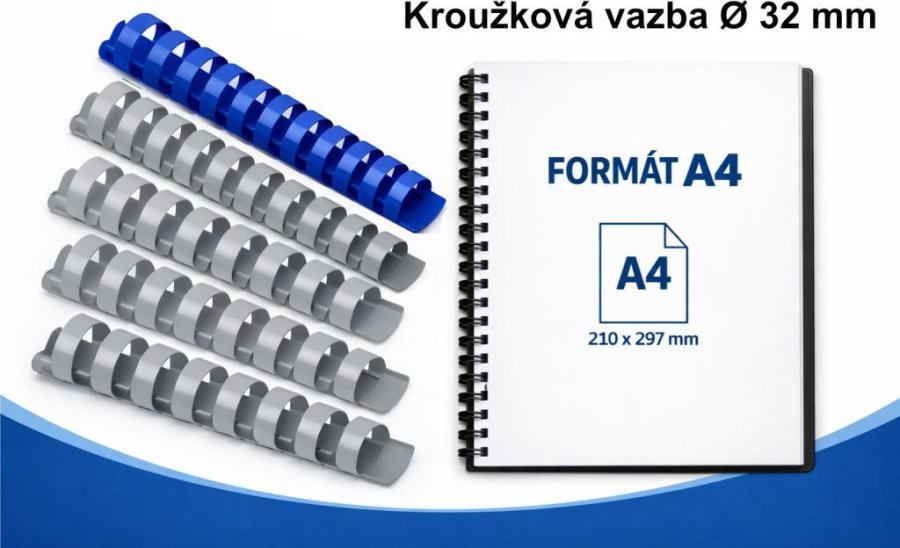 Kroužková vazba plastová Ø 32 mm – modrá A4 Modrá Ø 32 mm - 50 ks