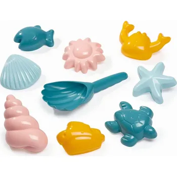 Dřevěná hračka Lopatka v tvare mušle a 8 formičiek na piesok