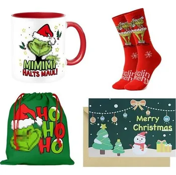 Keramický vánoční hrnek o objemu 330 ml se zábavnými figurkami a ponožkami, taškou a blahopřáním.