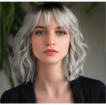 Paruka Vlnitá paruka s ofinou Ombre ŠEDÁ, syntetická 30 cm