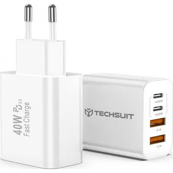 Techsuit - prémiová nástěnná nabíječka PowerXQuad (CH4) - 2x PD20W Type-C, 2x USB 3.1A, super rychlý cestovní adaptér 40W - bílá