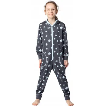 Dívčí pyžamový overal s kapsami, Kapuce, hvězdy, šedý, velikost 122-128