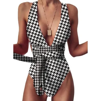 Dámské oblečení JEDNODÍLNÉ PLAVKY S VÁZÁNÍM A VÝSTŘIHEM, VZOR PEPITO, VELIKOST XXL