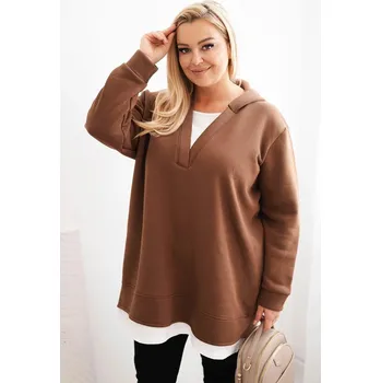 Dámská mikina Dámská mikina zateplená Plus Size s kapucí a véčkovým výstřihem hnědá UNI