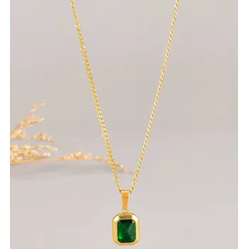 Náhrdelník Zlatý Náhrdelník se Zeleným Kamenem Zirkon Zlatá Ocel Ocel