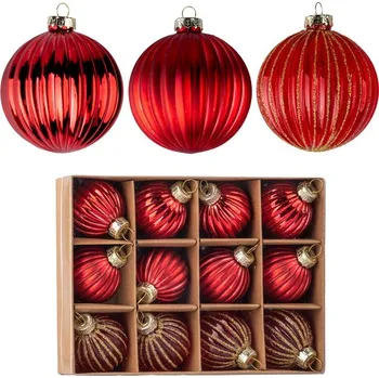 Vánoční ozdoba Koule sklo 12ks 40mm na stromeček mix, čirá s glitrem, červená - VÝPRODEJ