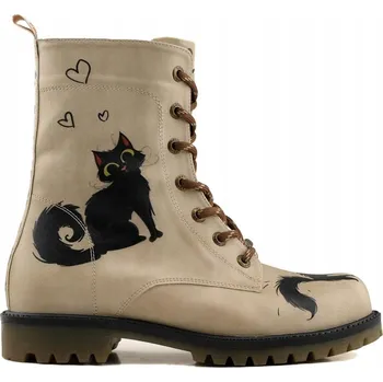 Dámská obuv Dámské béžové kotníkové šněrovací boty Goby s potiskem černé kočky 41