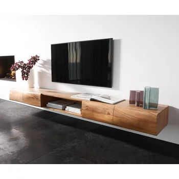 Televizní stolek DELIFE TV stolek New Live-Edge 240 cm akácie přírodní 4 dvířka 1 přihrádka závěsný