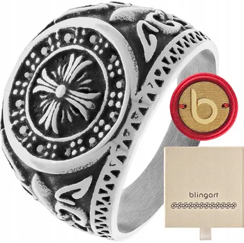 Prsten Pánský pečetní prsten s křížem, zirkony, chirurgická ocel, moderní šperk, nový BLINGART