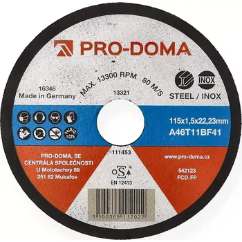 Řezný kotouč Kotouč řezný ocel nerez PRO-DOMA – 115×1,5 mm