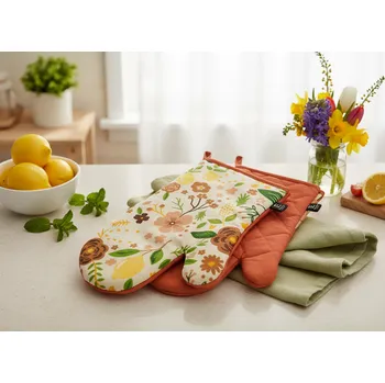 Chňapka Kuchyňské bavlněné rukavice - chňapky FABULOUS FLOWERS oranžová 100% bavlna 19x30 cm Balení 2 kusy - levá a pravá rukavice.