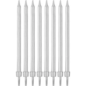 Dortová svíčka Narozeninové svíčky střibrné s podstavci délka - 10 cm - 8 ks