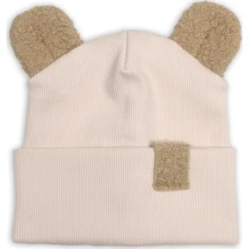 Dětská móda Baby Nellys Dvouvrstvá žebrovaná čepička s oušky boucle medvídek - béžová, 68/74