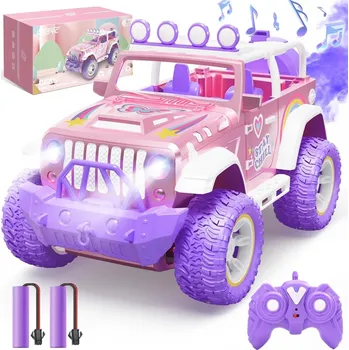 RC model auta DEERC RC Monster Truck s mlhou, světly a zvuky, 25 km/h, 2 baterie, růžový