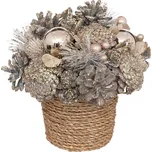 Atmosphera Vánoční věnec ze šišek a vánočních koulí v pleteném květináči, 19 cm