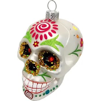 LAALU Vánoční ozdoby - lebka s barevnými ornamenty, stříbrná, 9 cm