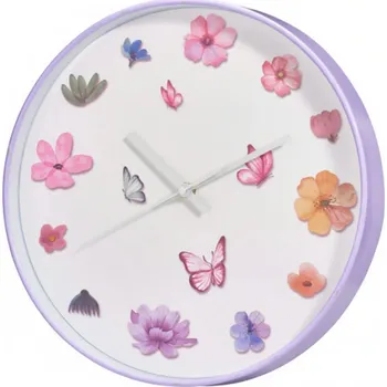 Hodiny Home Styling Collection Nástěnné hodiny fialové s motivem květin, průměr 30 cm