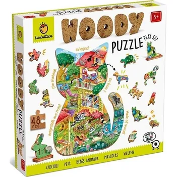 Puzzle Ludattica Woody Domácí zvířátka, dřevěné puzzle, 48 dílků