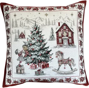 Povlečení Home of Christmas Žakárový vánoční povlak na polštář s motivem Zdobení stromečku 50 × 50 cm