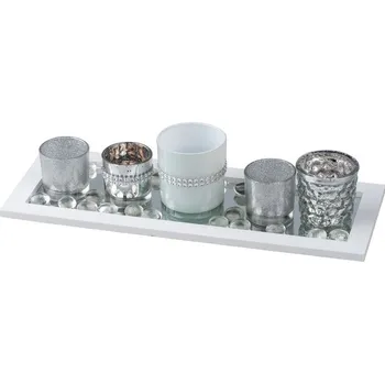 Svícen Koopmann International Sada 6 skleněných svícnů, 190 × 70 × 90 mm, na dřevěném tácku, bílá/stříbrná