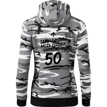 Dámská mikina Takhle dobře může vypadat člověk v 50 - Dámská mikina trendy zipper s kapucí - XS ( Šedý maskáč )