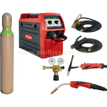 Svářečka Fronius TransSteel 2200C MP + hořák MIG/MAG + hořák TIG + gumové svařovací kabely + tlaková láhev 8L + redukční ventil + plynová hadice + drát SG2 0,8 mm/5 kg