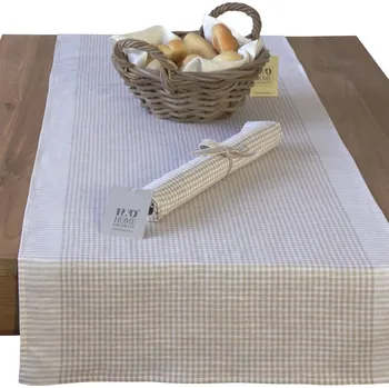 ubrus H&D Běhoun, 45x150 cm, len a bavlna, káro béžová