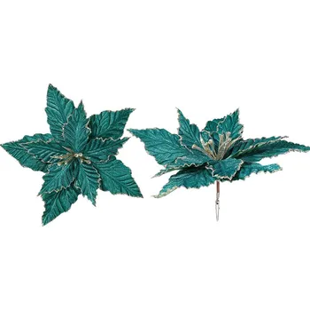 LAALU Vánoční dekorace - květina s klipem, zelená se zlatým lemem, 30 cm