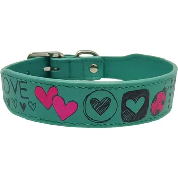 Obojek pro psa Anadi Kožený obojek Love pro malé až střední psy, zelený tyrkys, 2, 6 cm × 27 - 31 cm