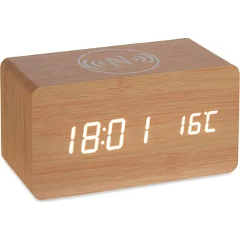Budík Giftdecor Stolní hodiny s bezdrátovou nabíječkou mobilu, hnědé